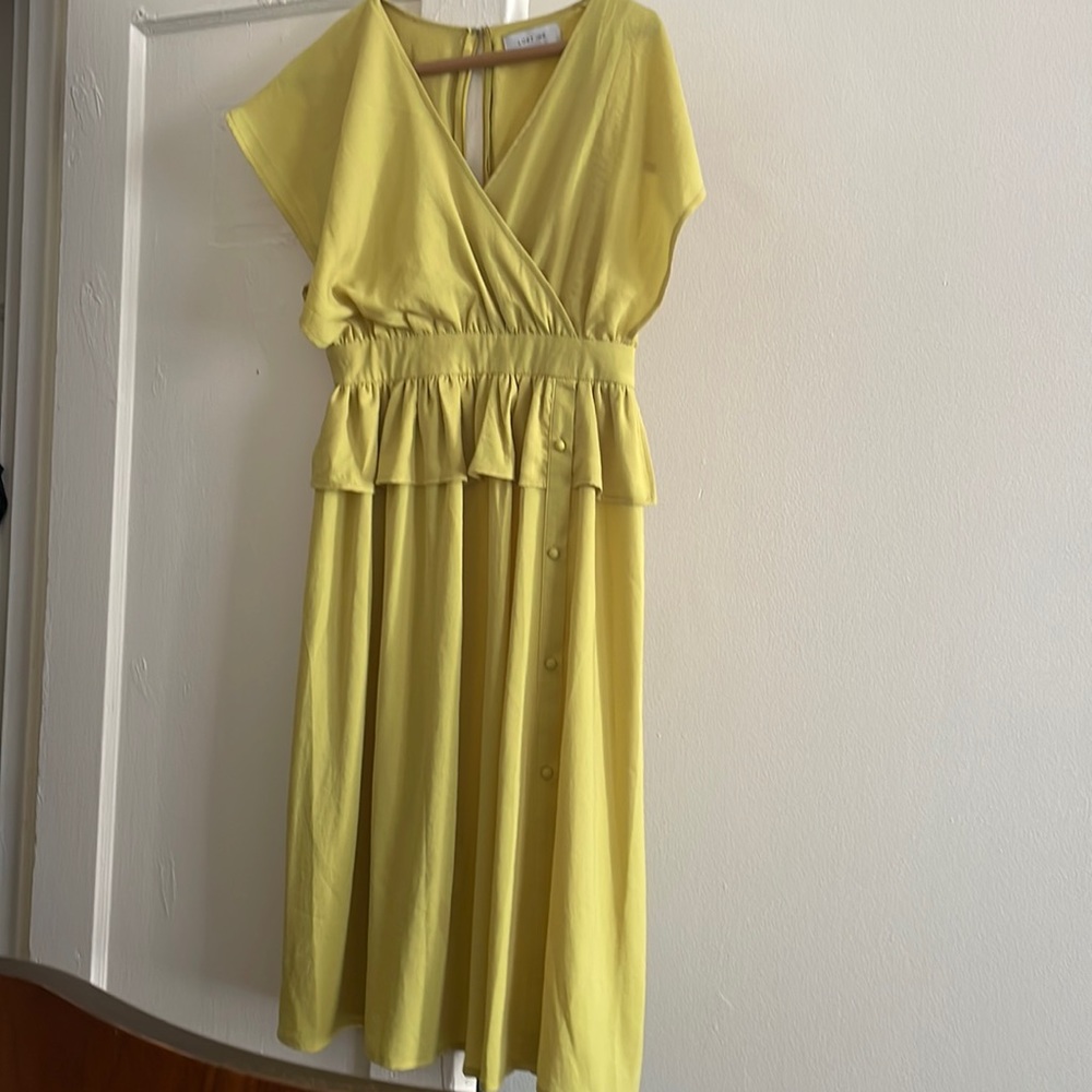 Yellow green midi wrap dress sundress with button detail